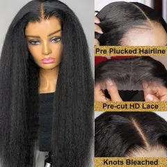 Wear And Go Glueless Wig Kinky Straight 5*5  HD Lace Closure Upgrade Pre-cut HD Lace Pre-plucked Hairline Wig