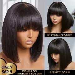 【Super Double Drawn】Wear and Go Glueless Yaki Straight Bob Wig With Bang Wig 250% Density ULH151