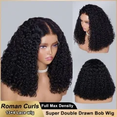 【Super Double Drawn】#1B 13*4 Lace Frontal Roman Curls Bob Wig With 250% Full Max Density Affordable Price Wig ULH148