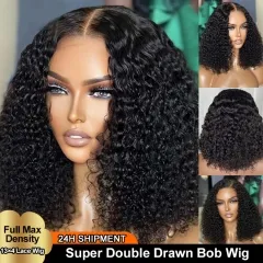 【Super Double Drawn】#1B 13*4 Lace Frontal Jerry Curly Bob Wig With 250% Full Max Density Affordable Price Wig ULH146