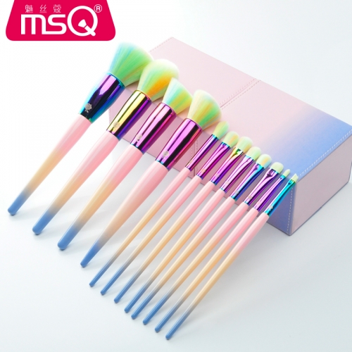 MSQ 12pcs Colorful Cosmetics Tool High Quality Synthetic Copper Ferrule Makeup Brush With PU Leather Barrel