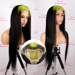 FLASH SALE 027 #TGreen/1B Color 22inch Silky Straight Transparent 13x4 Lace Frontal Wig 180% Density(Sales products, do not accept refund/return)