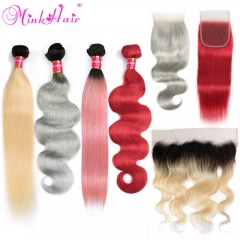 Ombre Brazilian Hair Bundles with Ombre Colored Hair Lace Closures Frontals 10A Grade Human Raw Hair