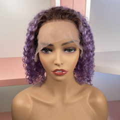 FLASH SALE 077 #1B/Purple Color 12inch Deep Curly Transparent 13x5 Lace Bob Wig 150% Density(Sales products, do not accept refund/return)