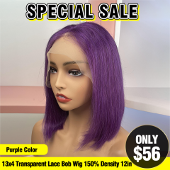 SPECIAL SALE Purple Color 12inch Straight 13x4 Transparent Lace Bob Wig 150% Density (Sales products, do not accept refund/return)