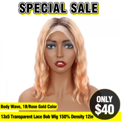 SPECIAL SALE 12inch 1B/Rose Gold Color Body Wave 13x5 Transparent Lace Bob Wig 150% Density (Sales products, do not accept refund/return)