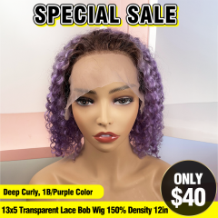 SPECIAL SALE 12inch 1B/Purple Color Deep Curly 13x5 Transparent Lace Bob Wig 150% Density (Sales products, do not accept refund/return)
