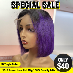 SPECIAL SALE 14inch 1B/Purple Color Straight 13x6 Brown Lace Bob Wig 150% Density Large Cap Size(Sales products, do not accept refund/return)