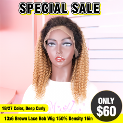 SPECIAL SALE 16inch 1B/27 Color Deep Curly 13x6 Brown Lace Bob Wig 150% Density (Sales products, do not accept refundreturn)