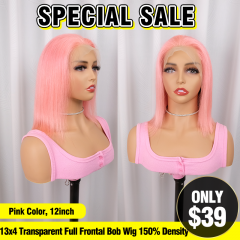 SPECIAL SALE 12inch Rose Pink Color Straight 13x4 Transparent Full Frontal Bob Wig 150% Density (Sales products, do not accept refund/return)