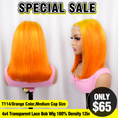 SPECIAL SALE 12inch T114/Orange Color 4x4 Transparent Lace Closure Bob Wig 180% Density Medium Cap Size(Sales products, do not accept refund/return)