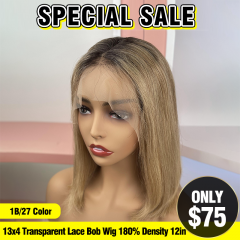 SPECIAL SALE 12inch 1B/27 Color Straight 13x4 Transparent Lace Bob Wig 180% Density (Sales products, do not accept refund/return)