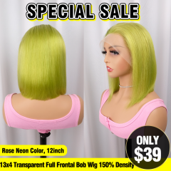 SPECIAL SALE 12inch Rose Neon Color Straight 13x4 Transparent Full Frontal Bob Wig 150% Density (Sales products, do not accept refund/return)