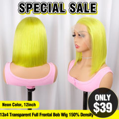 SPECIAL SALE 12inch Neon Color Straight 13x4 Transparent Full Frontal Bob Wig 150% Density (Sales products, do not accept refund/return)