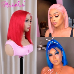 Ready Made Pink Red Blue Color Transparent 13x6 Lace Bob Wig 180% Density