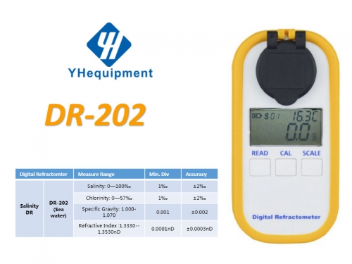 DR-202 sea water Salinity: 0—100‰ Chlorinity: 0—57‰ Specific Gravity: 1.000-1.070 Refractive Index :1.3330--1.3530nD Digital Refractometer