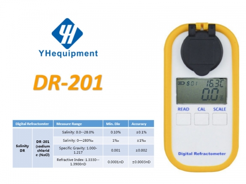 DR-201 sodium chloride Salinity: 0.0--28.0% Salinity: 0—280‰ Specific Gravity: 1.000-1.217  Refractive Index :1.3330--1.3900nD Digital Refractometer