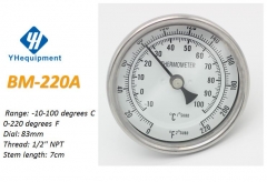 BM-220A Bi-metal Thermometer -10-100C; 0~220F Degree, WELDLESS WITH 7CM PROBE