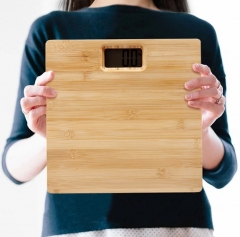 LCD display in blue backlit natural bamboo platform personal body weighing scale balance