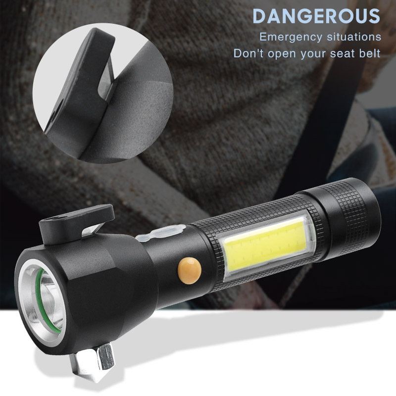 Best Seller Multifunction COB Magnet 18650 Rechargeable Flash light COB LED Torch Safety Hammer Flashlight