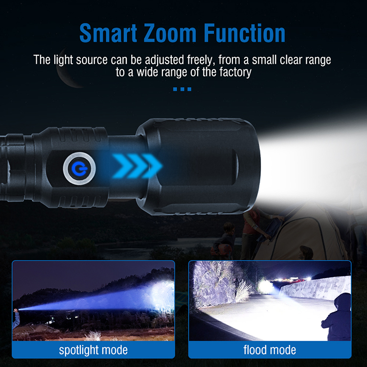 BORUiT 5000lm 500m Super Bright Zoomable Flashlight Portable Powerbank LED Flashlight Torch Lantern