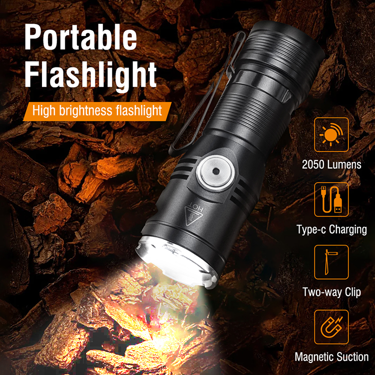 BORUiT 2024 New EDC Handheld Flashlight 2050lm 22hrs Duration Type C LED Flashlight Tail Magnet with Clip Hat Light for Camping