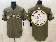 (Logo5) Champion Logo Milwaukee Brewers Army Green MLB Jersey-0840