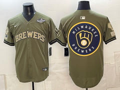 (Logo2) Champion Logo Milwaukee Brewers Army Green MLB Jersey-0840