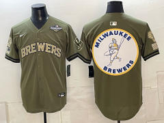 (Logo6) Champion Logo Milwaukee Brewers Army Green MLB Jersey-0840