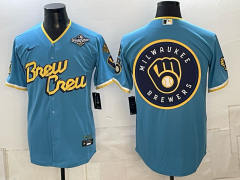 Champion Logo Milwaukee Brewers Blue MLB Jersey-0840