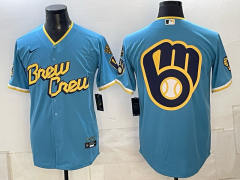 (Logo21) Champion Logo Milwaukee Brewers Blue MLB Jersey-0840