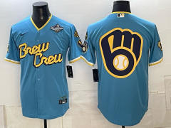 (Logo22) Champion Logo Milwaukee Brewers Blue MLB Jersey-0840
