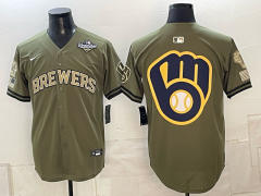 (Logo4) Champion Logo Milwaukee Brewers Army Green MLB Jersey-0840