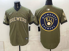 (Logo1) Champion Logo Milwaukee Brewers Army Green MLB Jersey-0840