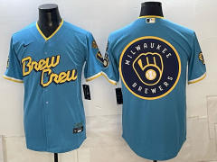 (Logo23) Champion Logo Milwaukee Brewers Blue MLB Jersey-0840