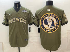 Champion Logo Milwaukee Brewers Army Green MLB Jersey-0840
