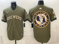 (Logo7) Champion Logo Milwaukee Brewers Army Green MLB Jersey-0840