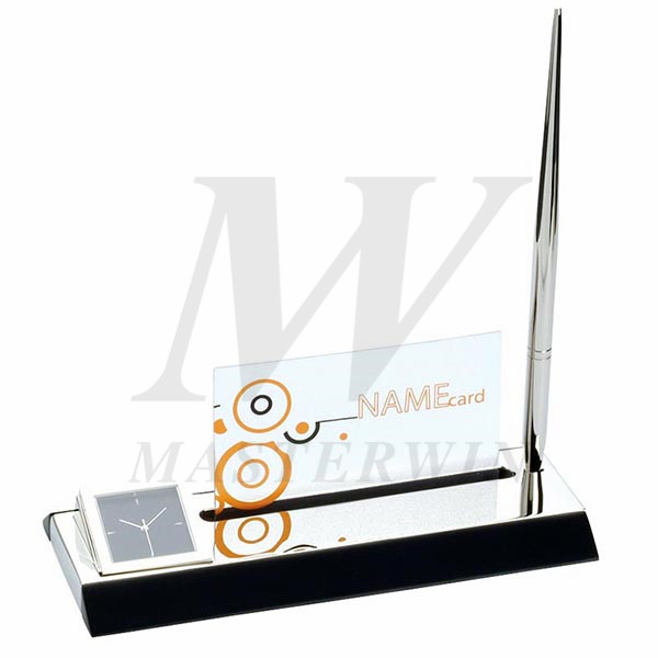 Metal Desk Quartz Clock with Name Card Holder and Pen_B86252-01-P66