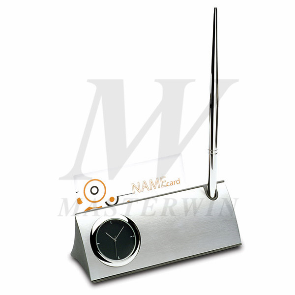 Metal Desk Quartz Clock with Name Card Holder and Pen_B86305-P66