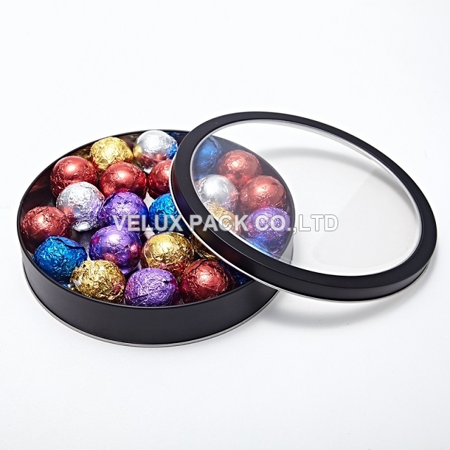 Round Chocolate Tin With Clear Window