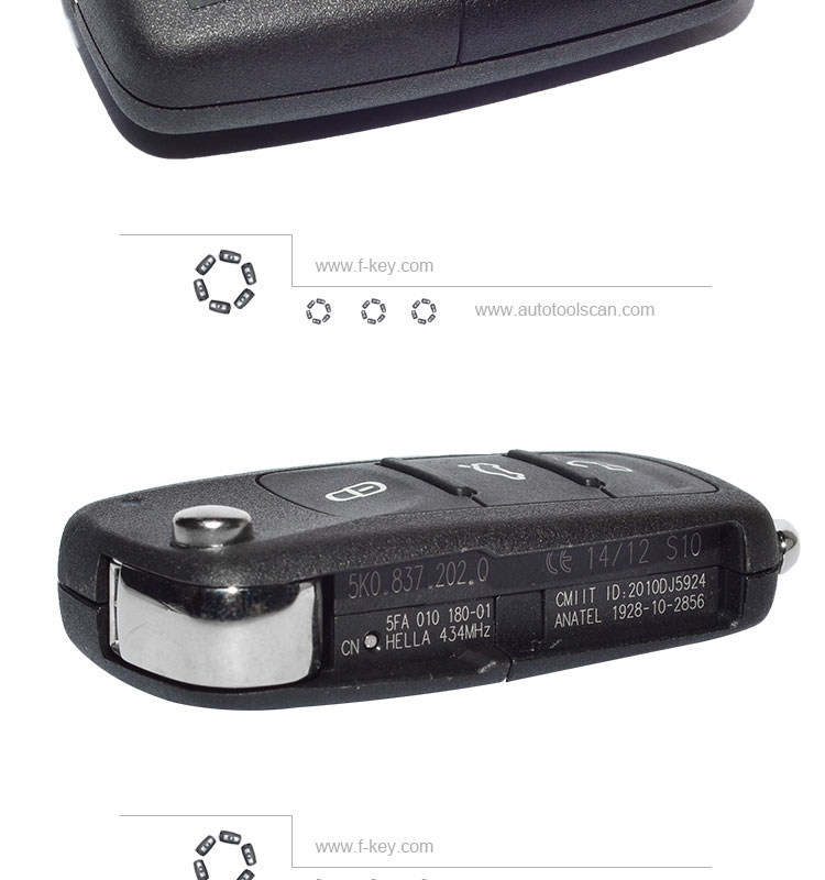 AK001036 For VW GOLF JETTA ETC Remote Flip Key 3 Button 5K0 837 202 Q 434MHz 48 Chip
