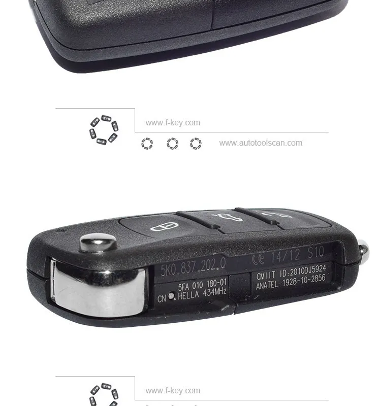 AK001036 For VW GOLF JETTA ETC Remote Flip Key 3 Button 5K0 837 202 Q 434MHz 48 Chip AK001036 For VW GOLF JETTA ETC Remote Flip Key 3 Button 5K0 837 202 Q 434MHz 48 Chip