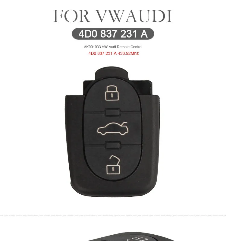 AK001033 for Audi A3 A4 A6 Remote Control 4D0 837 231 A 433.92Mhz AK001033 for Audi A3 A4 A6 Remote Control 4D0 837 231 A 433.92Mhz