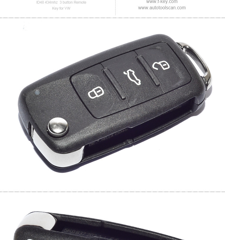 AK001060 Remote Key 3 Button 434MHZ for VOLKSWAGEN New Bora Sagitar Touran 5K0 837 202 AJ