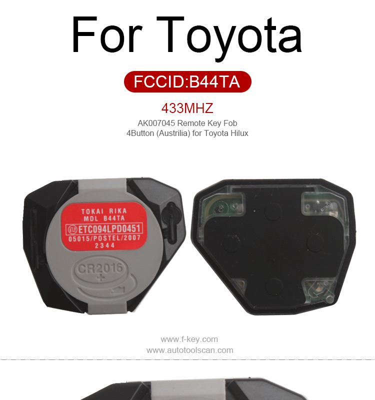 AK007045 Remote Key Fob 4 Button (Austrilia)433MHz for Toyota Hilux FCC ID MDL B44TA