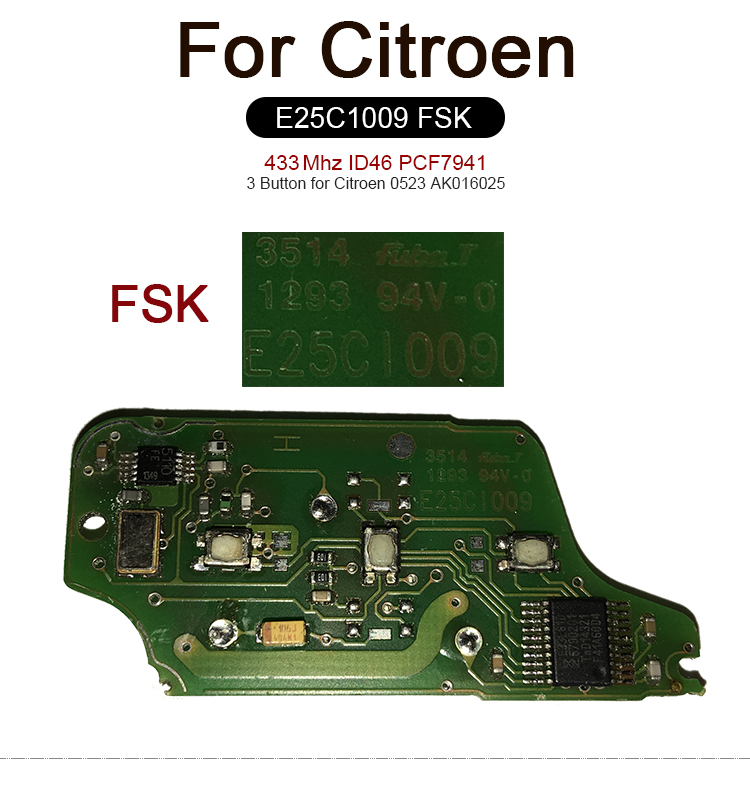AK016025 FOR Citroen 0523 3 Button 433mhz ID46 PCF7941  E25C1009 FSK