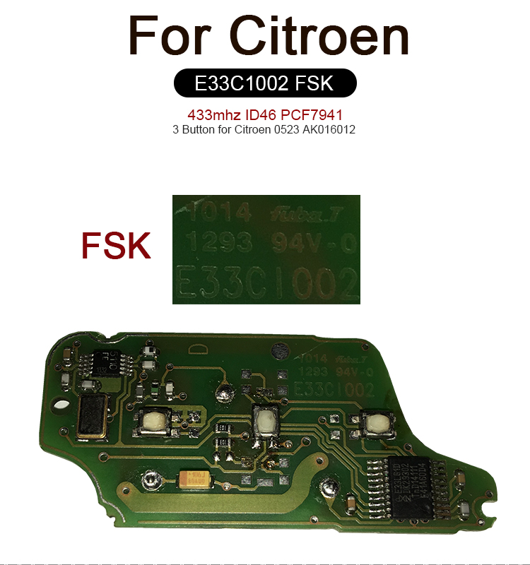 AK016012 For Citroen 0523 3 Button 433mhz ID46 PCF7941 E33C1002 FSK