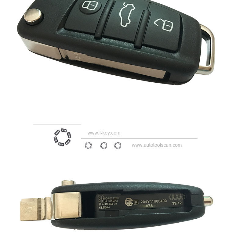 AK008043 for Audi A3 TT Remote  Key 3 Button 315 MHz 8P0 837 220 G