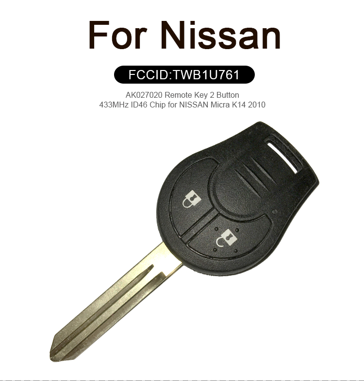 AK027020 Remote Key 2 Button 433MHz ID46 Chip for NISSAN Micra K14 2010