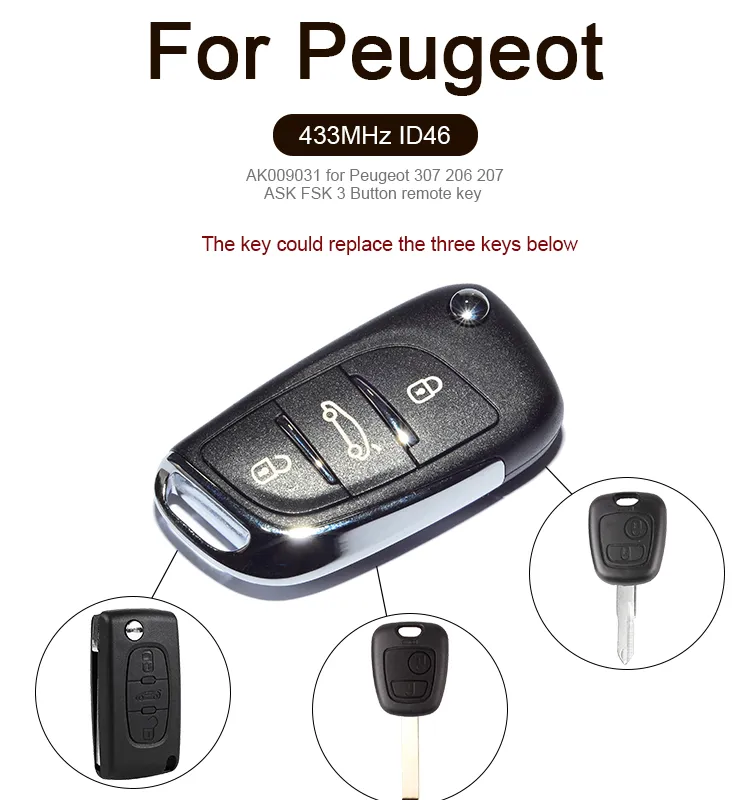 AK009031 FOR Peugeot 307 ASK FSK 3 Button remote key 433MHZ